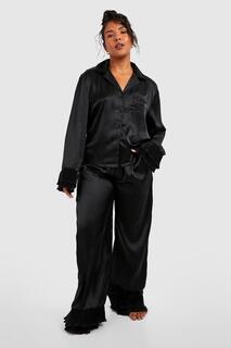 Атласная рубашка со склисами и короткая пижама Boohoo, черный