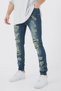 Высокие узкие джинсы с разрывами Boohoo, синий
