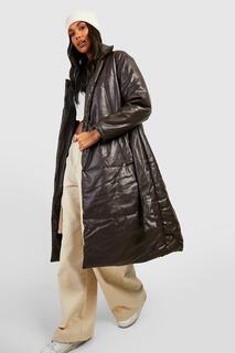 Куртка-пуховик из искусственной кожи с поясом Boohoo, шоколадный