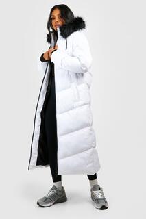 Куртка-пуховик с отделкой искусственного меха longline Boohoo, белый