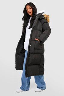 Длинное утепленное пальто с капюшоном из искусственного меха Boohoo, черный