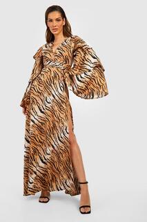 Платье макси с леопардовым принтом и рукавами Boohoo, коричневый