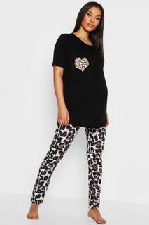 Пижамный комплект с леопардовым сердцем для беременных Boohoo, черный