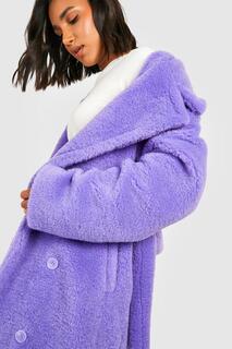 Пальто с поясом из искусственного меха Boohoo, фиолетовый
