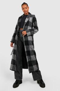 Высокое пальто оверсайз фланелевый из шерсти с поясом Boohoo, серый