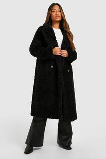 Двубортное пальто из искусственного меха Boohoo, черный