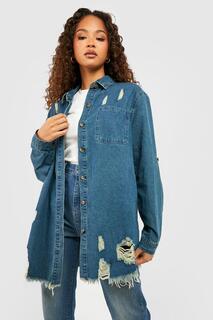 Джинсовая рубашка с рукавами в винтажном поварении Boohoo, синий