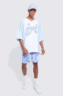Официальная футболка и шорты с v-образным вырезом Boohoo, синий