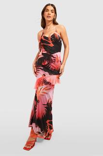 Платье макси с абстрактным пальмовым принтом и руфлами Boohoo, розовый