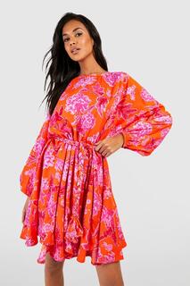 Платье с поясом и цветочными деталями годе Boohoo, оранжевый