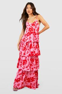 Многоярусное платье макси с цветочным принтом Boohoo, розовый