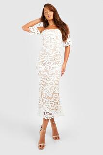 Высокое платье миди из кружевного кружева премиум-премиум Boohoo, белый