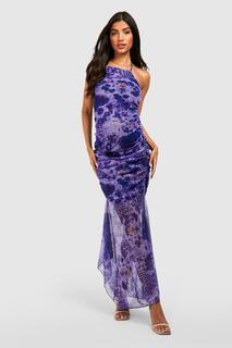 Платье миди с абстрактной сеткой и раскрешенным номом для материалов Boohoo, фиолетовый