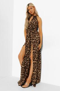 Высокое леопардовое платье макси с без спинки Boohoo, серый