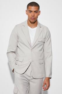 Узкий однобортный костюмный пиджак-карго Boohoo, серо-коричневый