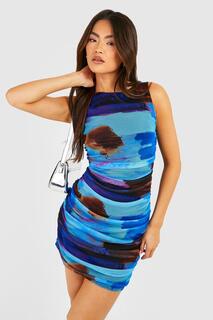 Мини-платье из сетки с абстрактными союзами Boohoo, синий