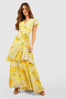 Платье макси с цветочным принтом и со сборками Boohoo, желтый