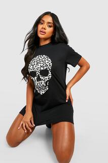 Платье-футболка с леопардовым черепом на хэллоуин Boohoo, черный