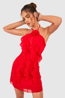 Мини-платье с вырезом-халтером и розами Boohoo, красный