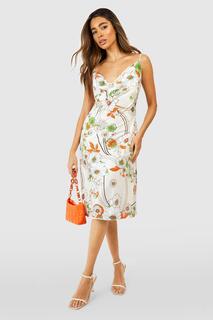 Атласное платье миди с цветочными ремешками Boohoo, кремовый