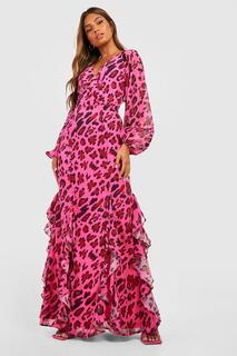 Платье макси с животным принтом и деталями с рюшами Boohoo, розовый