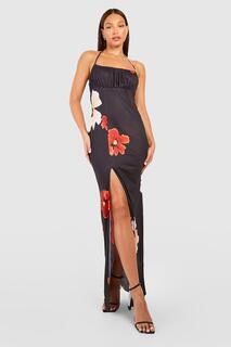 Высокое платье макси с цветочным ременем и со сборами Boohoo, черный