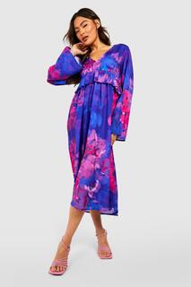 Платье миди из шифона с цветочными обрюками на талии Boohoo, фиолетовый
