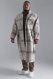 Длинное пальто из шерсти в клетку с 4 карманами Boohoo, серый