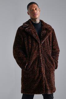 Пальто из искусственного меха с леопардовым принтом Boohoo, шоколадный