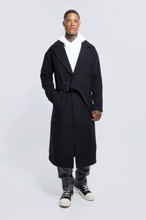 Длинное пальто из шерсти с латунной пряжкой Boohoo, черный