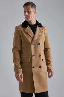 Высокое двубортное пальто из искусственного меха Boohoo, кэмел