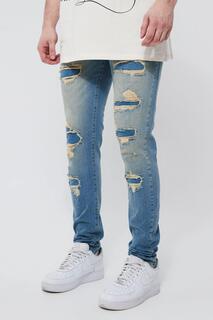 Высокие узкие джинсы стрейч rip &amp; repair Boohoo, синий