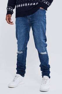 Высокие узкие джинсы стрейч с рваными коленами Boohoo, синий