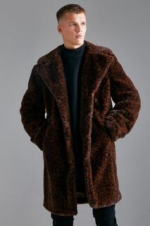 Высокое пальто из искусственного меха с леопардовым принтом Boohoo, шоколадный