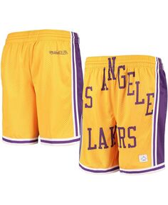 Классические шорты из твердой древесины Big Boys Gold Los Angeles Lakers с сетчатым узором с большим лицом Mitchell &amp; Ness