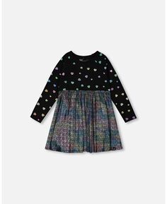 Платье из двух материалов с длинными рукавами для девочек, ткань черного цвета с эффектом металлик и разноцветным принтом из фольги в виде сердечек - для детей Deux par Deux