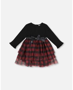 Черное платье из двух материалов для девочек с длинными рукавами и тюлевой юбкой в ​​клетку «Буффало» — для детей Deux par Deux