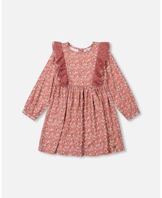 Тканое платье с принтом для девочек и оборками пыльно-лилового цвета с цветочным принтом - детское Deux par Deux