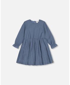 Шифоновое платье с сердечками в горошек и плиссированной юбкой для девочек, старо-синее - детское Deux par Deux