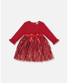 Платье из двух материалов с длинными рукавами для девочек и блестящей тюлевой юбкой бордового цвета – для детей Deux par Deux