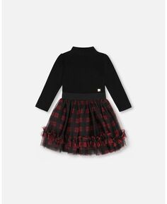 Черное платье с воротником-стойкой из двух материалов для девочек и тюлевой юбкой в ​​клетку цвета буйвола – для детей Deux par Deux