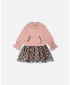 Платье с воротником-стойкой из двух материалов для девочек и длинными пышными рукавами, розовая стильная клетка — для малышей | для детей Deux par Deux