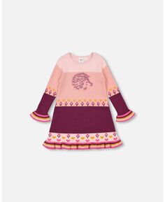 Вязаное платье-свитер в стиле колор-блок для девочек, розовое с интарсией в виде ежика - детское Deux par Deux