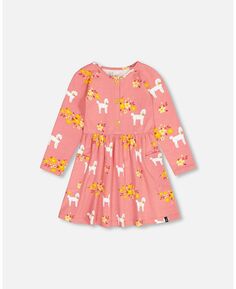 Платье из органического трикотажа для девочек с карманами с принтом Розовый пудель - детское Deux par Deux