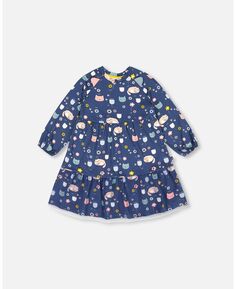 Платье с принтом и сетчатой ​​оборкой для девочек, темно-синее Sleepy Cats — для малышей|детей Deux par Deux