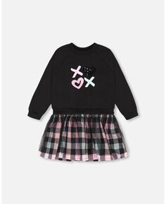 Платье-толстовка из двух материалов для девочек с тюлевой юбкой в ​​черную и красочную клетку — для детей Deux par Deux