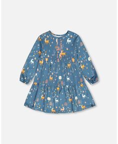 Платье из матового трикотажа для девочек с длинными рукавами, бирюзово-голубой с принтом «Олени и яблоки» — для детей Deux par Deux
