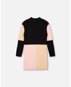 Вязаное платье-свитер с цветными блоками для девочек розового, бежевого и черного цвета - детское Deux par Deux