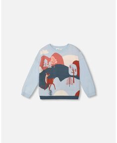 Жаккардовый свитер для девочки «Голубое небо» с узором лесного оленя — детский Deux par Deux