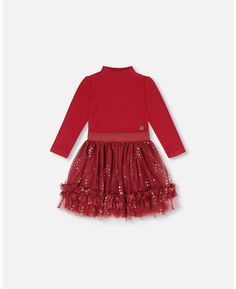 Платье из двух материалов для девочек с воротником-стойкой и блестящей тюлевой юбкой бордового цвета — для детей Deux par Deux